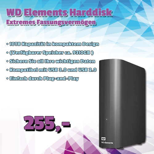 WD Elements USB3.0 Harddisk um 255 €